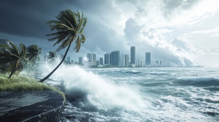 Towering waves crash against coastal city amid a powerful storm, threatening high rises and bending palm trees