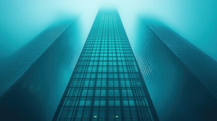 Blue glass skyscraper into mist.