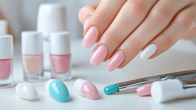 A detailed view of an elegant manicure session, showcasing a nail technician meticulously painting a clients nails. The surrounding area is stylishly arranged with a variety of nail polish colors and