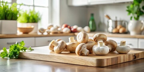 Fresh champignon mushrooms are displayed on a cutting board, set against a bright white kitchen backdrop, creating a clean and inviting culinary atmosphere.