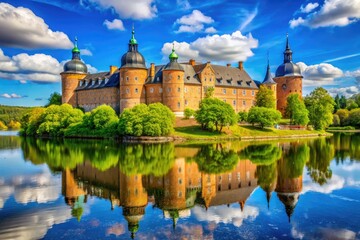Obraz premium Majestic Swedish Castles Surrounded by Lush Greenery and Scenic Landscapes in Clear Blue Skies