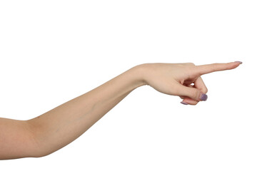 Fototapeta premium Pointing hand gestures,gesture, sign Woman s palm, fingers, wrist showing different signs; click, tap, press, choose directions.isolated on white background.