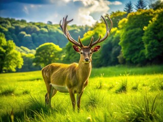 Majestic target deer grazing peacefully in a lush green meadow during a sunny afternoon in nature