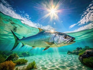 Majestic Tarpon Fish Swimming Gracefully in Clear Ocean Waters Under Bright Tropical Sunshine