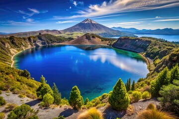 Fototapeta premium Majestic Taupo Volcano Landscape with Clear Blue Sky and Serene Water Surrounding the Crater Lake