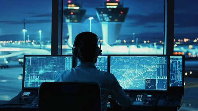 Air Traffic Controller Monitoring at Night in Control Tower