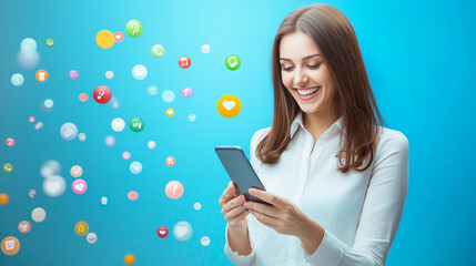 Woman engaging with floating social media icons on smartphone