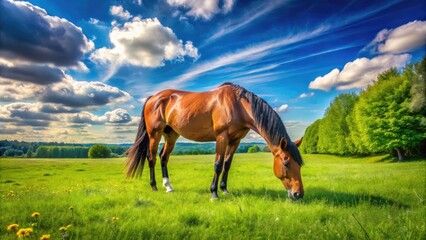 Majestic Thoroughbred Horse Grazing in a Lush Green Meadow Under Clear Blue Sky in Daylight