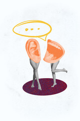 Vertical photo collage of anonym human talk instead body ear mouth speech bubble gossip secret...