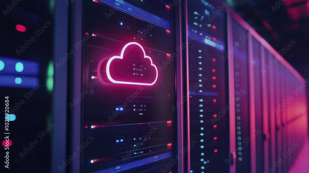 Poster cloud computing technology, illuminated servers, data center environment