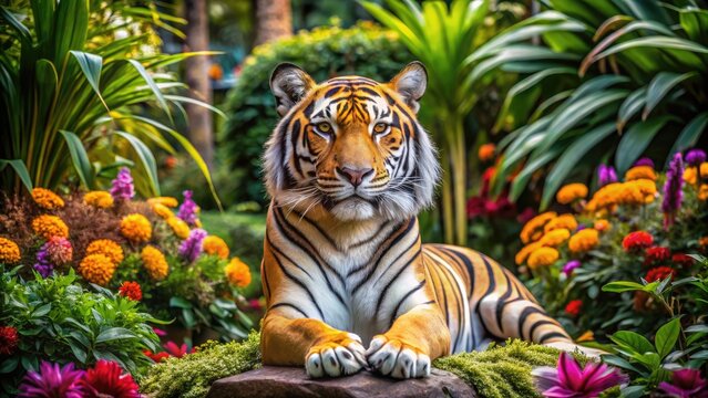 Majestic tiger statue displayed in a serene garden setting surrounded by lush greenery and flowers