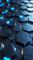 Obraz premium 3D render, abstract background with blue glowing hexagons on a dark grey wall texture. Modern wallpaper for technology and science themes.