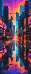 A cyberpunk city street with neon lights and skyscrapers glitch art illustration