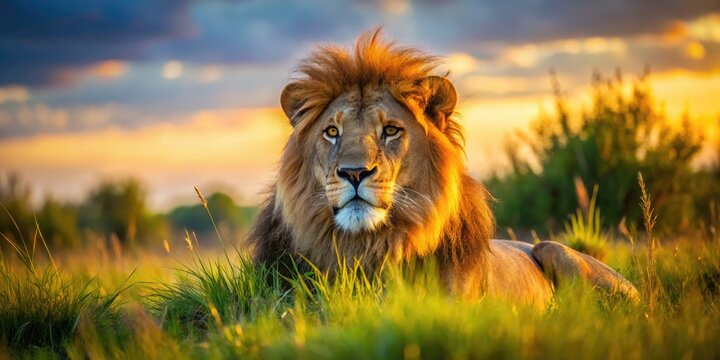 Majestic Transvaal Lion Resting in the Grass Under the Warm Sun in a Serene Wildlife Habitat