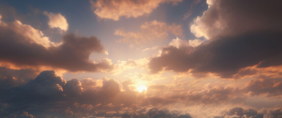 dense clouds in the sky with sunset in background. Extremely detailed and realistic high resolution illustration