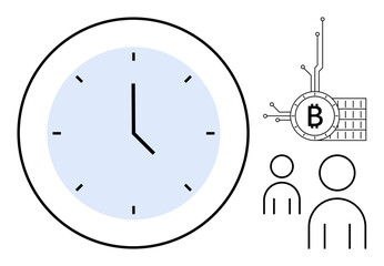 Large clock with light blue face indicating time. Nearby are cryptocurrency symbols and two human-like icons suggesting social interaction. Ideal for themes including time management digital economy