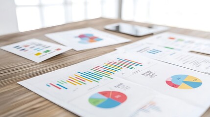 A visually compelling composition of printed reports and charts on a wooden desk, showcasing social media performance indicators such as reach, engagement, and impressions. The lighting highlights