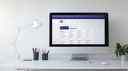 A computer screen displaying a visually appealing online community forum homepage, with engaging content layout and user-friendly navigation. The desktop is styled with minimalistic accessories,