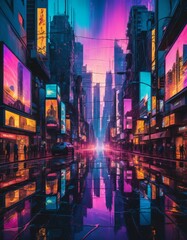Obraz premium A cyberpunk city street with neon lights and skyscrapers glitch art illustration