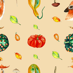 Seamless pattern with pumpkins mushrooms forest animals