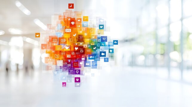 A professional advertising poster layout showcasing a blend of digital and printed elements, including a collage of hashtags and trending topics arranged in a striking geometric pattern. The