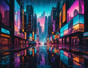 Obraz premium A cyberpunk city street with neon lights and skyscrapers glitch art illustration
