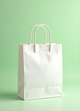 Mock up white paper bag in the center of a clean green pastel background, featuring a delicate texture visible on the bagn 