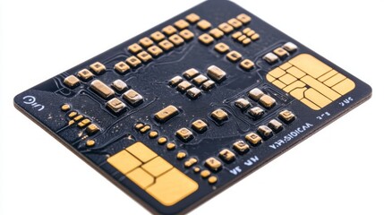 A close-up of a black circuit board with gold connectors.