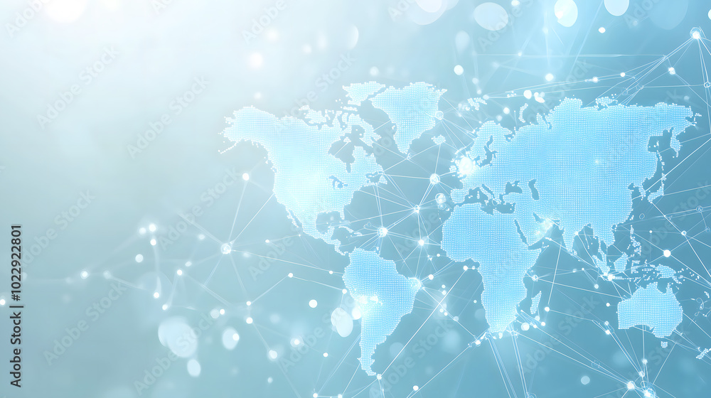 Poster a light blue background with a digital world map and global network connections, representing the co