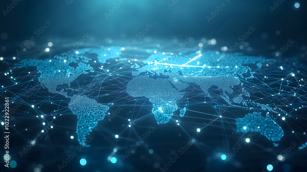 Poster a light blue background with a digital world map and global network connections, representing the co