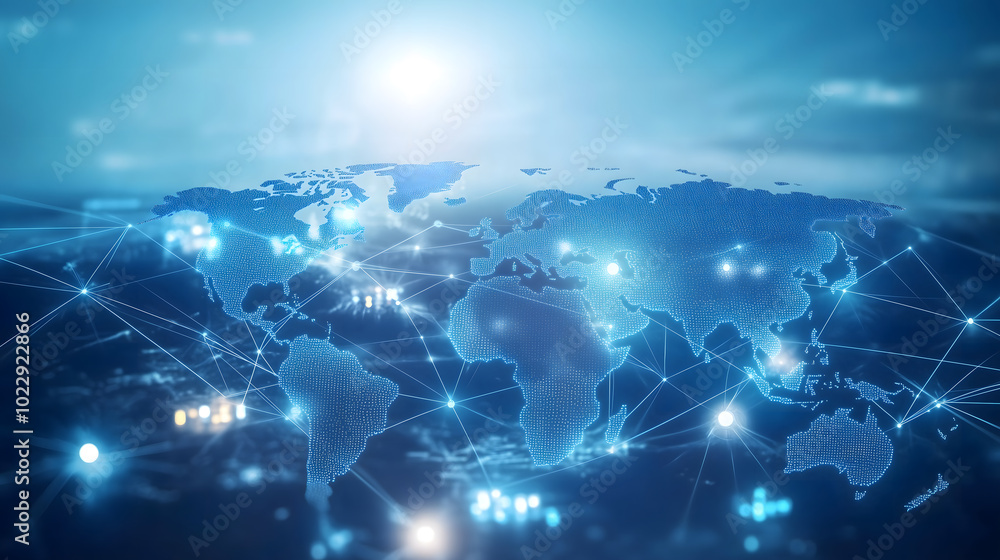 Poster a light blue background with a digital world map and global network connections, representing the co