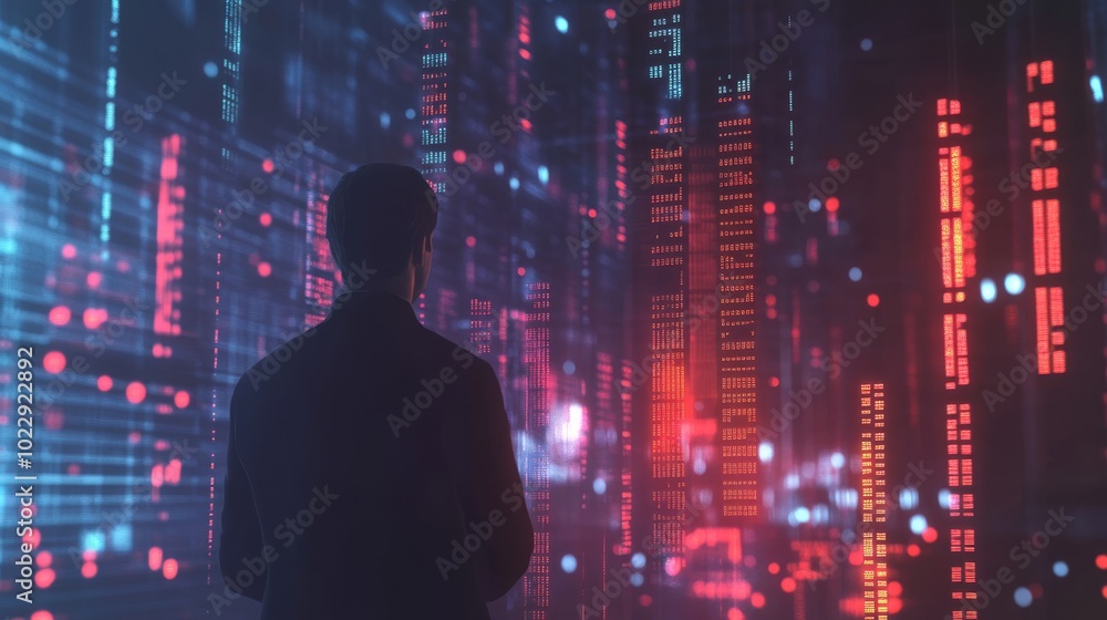 Poster a person stands silhouetted against a vibrant display of digital data and light patterns, evoking a 