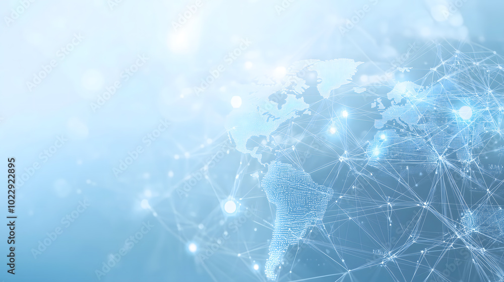 Poster a light blue background with a digital world map and global network connections, representing the co