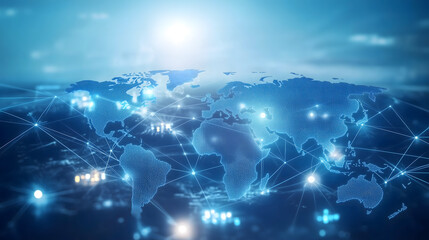 Fototapeta premium A light blue background with a digital world map and global network connections, representing the concept of international business or connectivity Generative AI