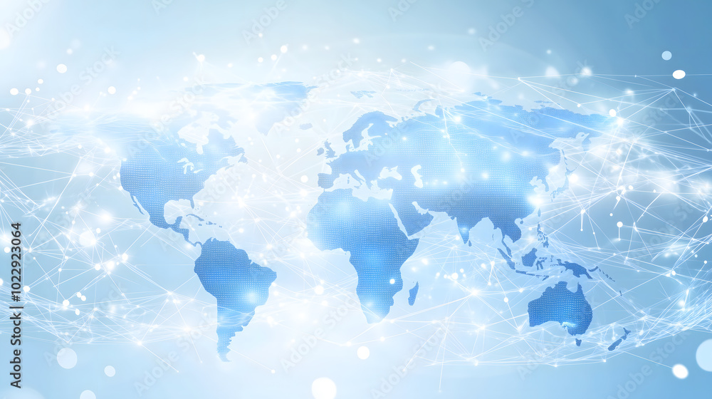 Poster a light blue background with a digital world map and global network connections, representing the co