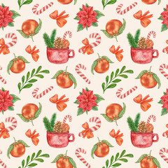 Watercolor Christmas seamless pattern with oranges, lollipops, Christmas mug is perfect for Christmas decor. Packaging paper, scrapbooking, textiles.