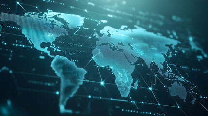 A light blue background with a digital world map and global network connections, representing the concept of international business or connectivity Generative AI