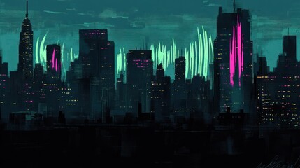 A stylized city skyline at night, featuring vibrant colors and abstract light patterns.