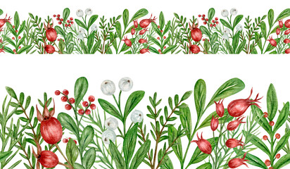 Panoramic view, seamless horizontal pattern with fir branches, berries, green leaves. Watercolor Christmas ornament on a white background, hand-painted, botanical illustration.