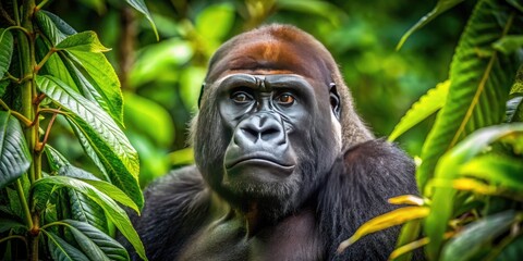 Fototapeta premium Majestic Western Lowland Gorilla in Natural Habitat Surrounded by Lush Greenery and Foliage