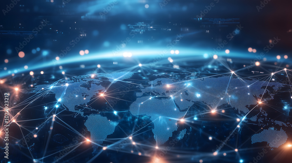 Poster a light blue background with a digital world map and global network connections, representing the co