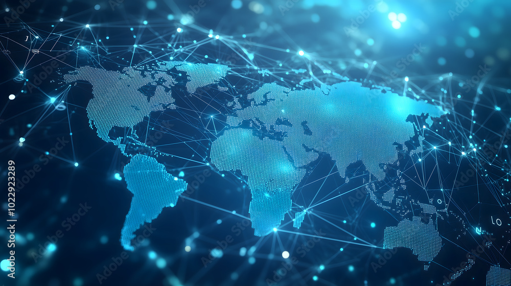 Poster a light blue background with a digital world map and global network connections, representing the co