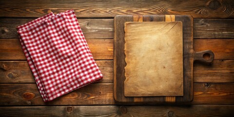 Rustic wooden cutting board with empty parchment atop a checkered tablecloth, perfect for showcasing your mouth-watering food menu or special dishes in style.