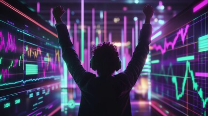 A silhouette of a person celebrates against a backdrop of colorful data visualizations, symbolizing achievement in finance or technology.