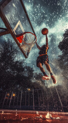 A basketball player performs a powerful dunk on the court during rain. Water splashes everywhere, creating a dramatic effect against the dark sky, illuminated by raindrops