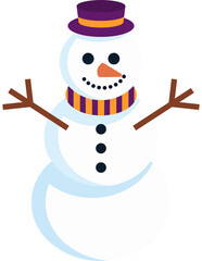 A cartoon snowman with a purple hat and orange scarf