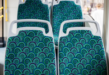 Empty bus interior. Seats without passengers.