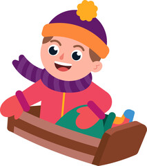 A boy wearing a red coat and a purple hat is smiling and playing a snow sled.