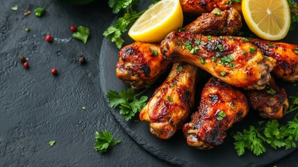 A close-up of a plate of grilled chicken drumsticks, garnished with lemon wedges and parsley.