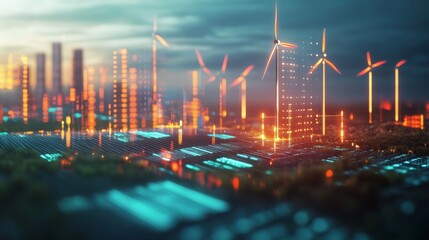 Fototapeta premium A futuristic cityscape featuring wind turbines and glowing lights, symbolizing renewable energy and urban innovation.